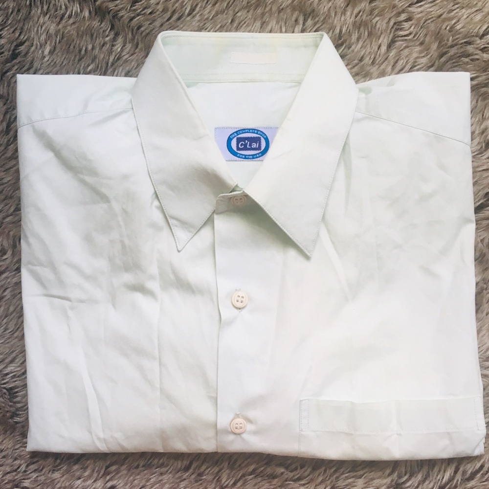 Custom tailored men mint green color button down dress shirt size XL 48”